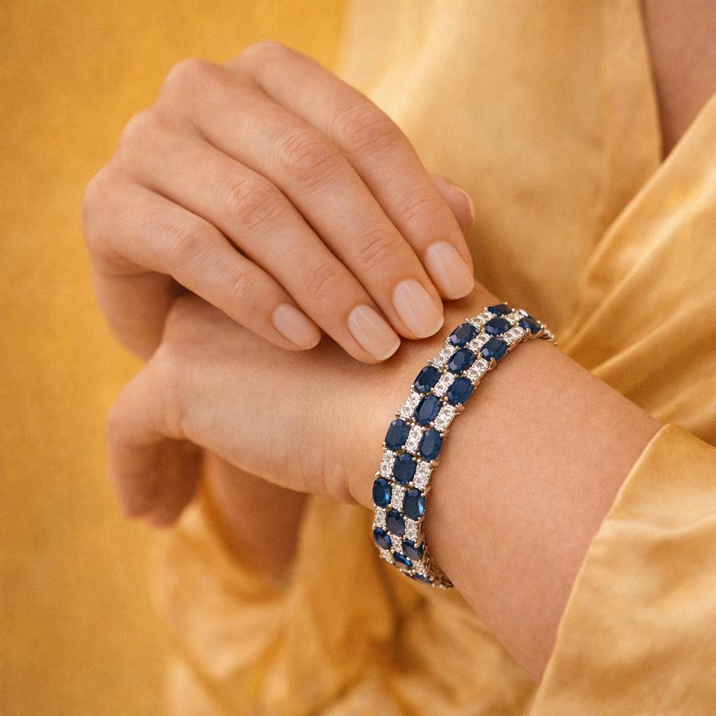 24cttw. Blue Sapphire & 2cttw. White Diamond Bracelet in 14k White Gold 25.13g.