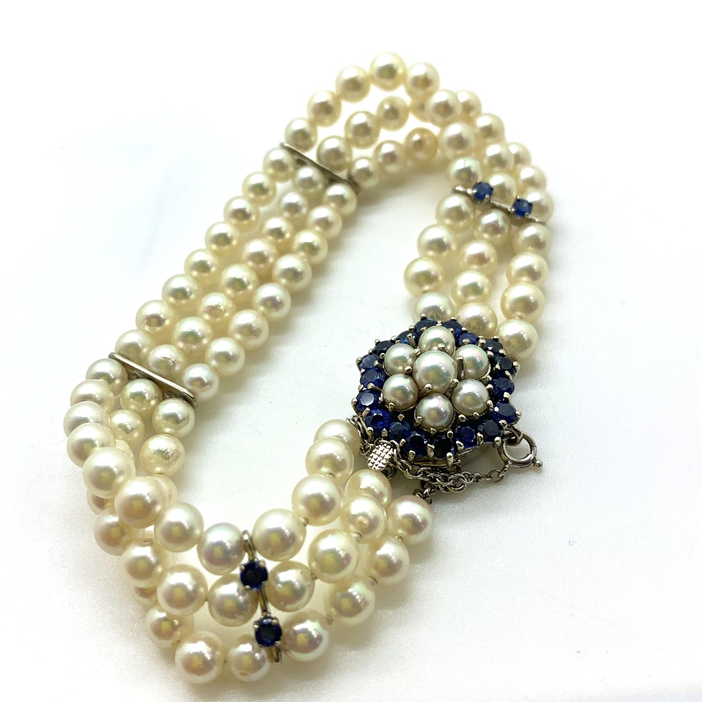 1.56 cttw Blue Sapphire Pearl Bracelet in 14k White Gold
