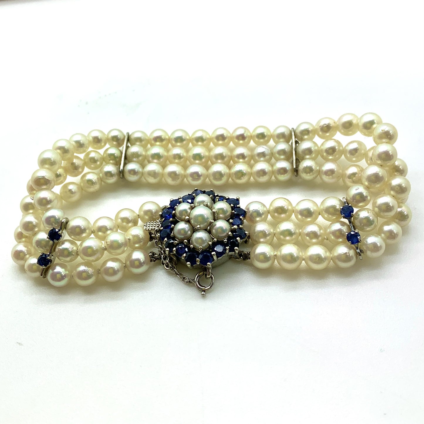 1.56 cttw Blue Sapphire Pearl Bracelet in 14k White Gold