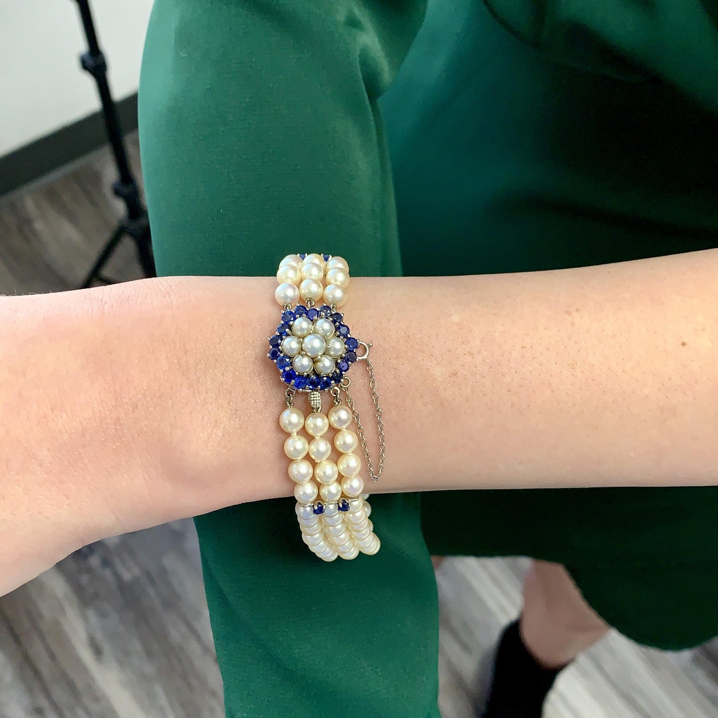 1.56 cttw Blue Sapphire Pearl Bracelet in 14k White Gold