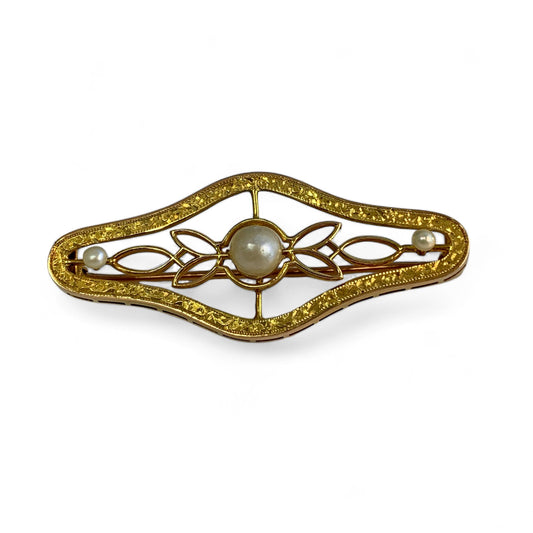 14K Yellow Gold Brooch With Pearl 2.82g