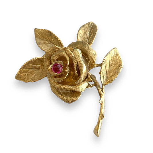 14K Yellow Gold Rose Brooch With Ruby 12.68g.