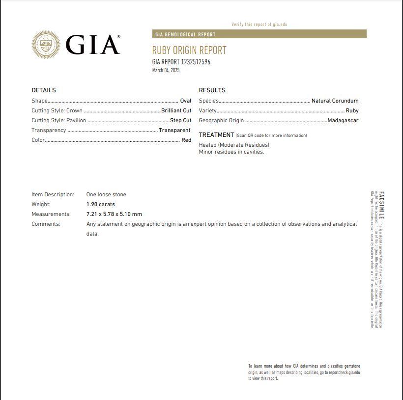 GIA 1.90 Red Ruby & 0.30cttw Trillion White Diamond in Platinum 5.75US 5.29g.