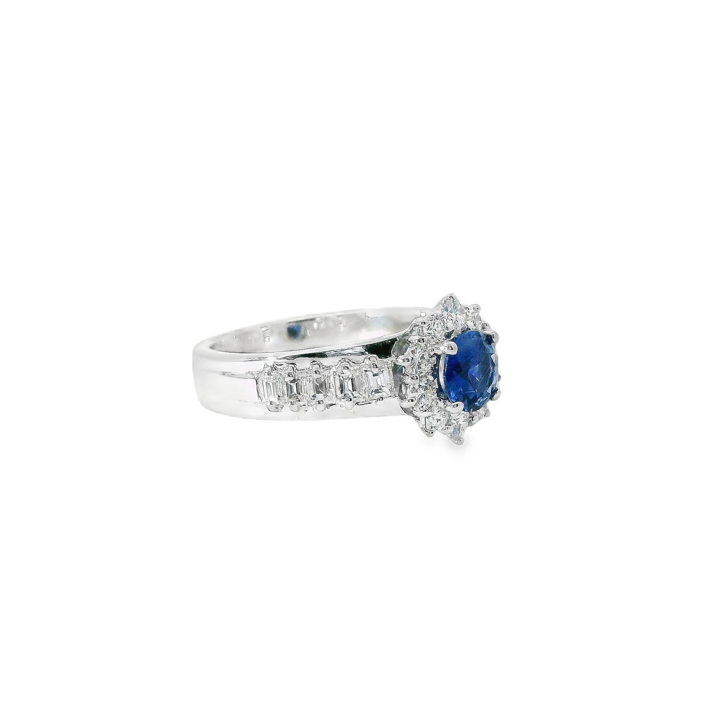 0.59 ct. Blue Sapphire & 0.50 cttw. White Diamond Halo Ring in 18k White Gold