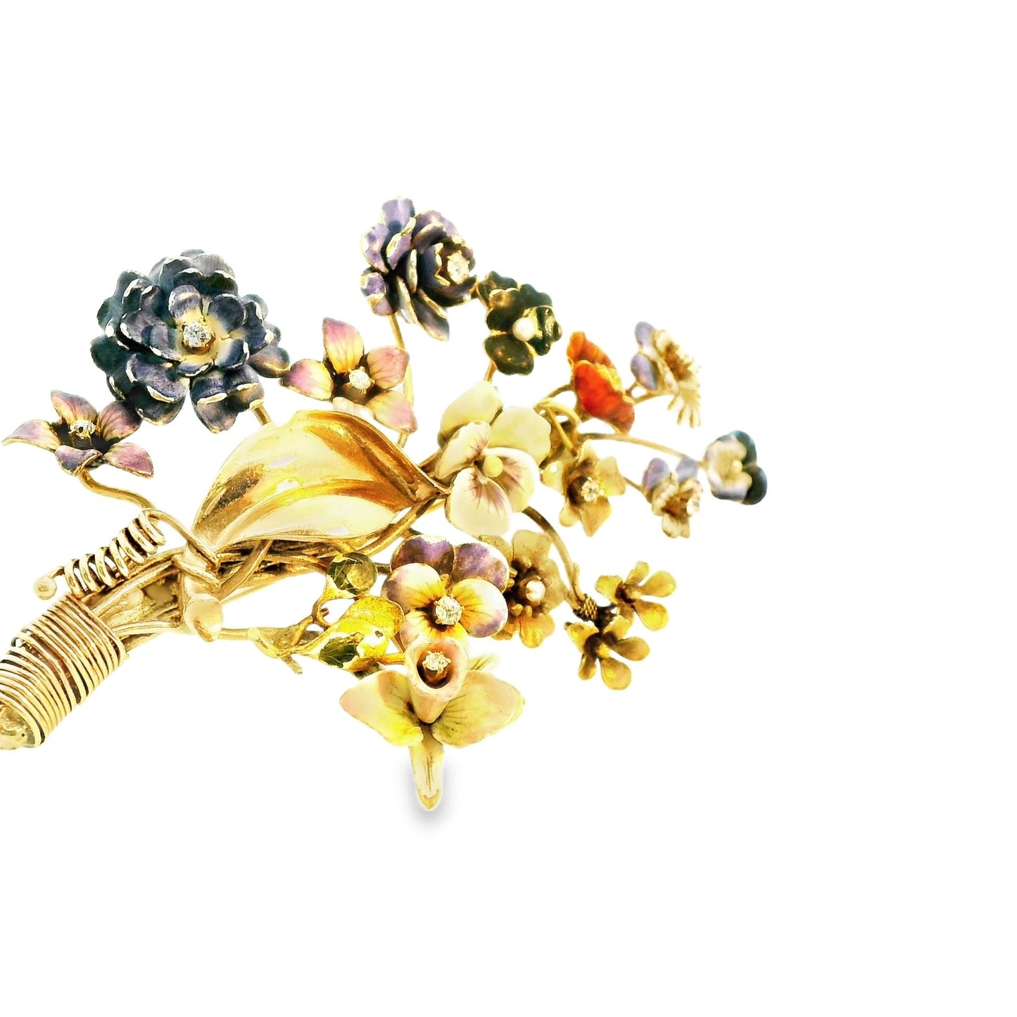 14k Yellow Gold Enamel Bouquet Brooch 30.54g.