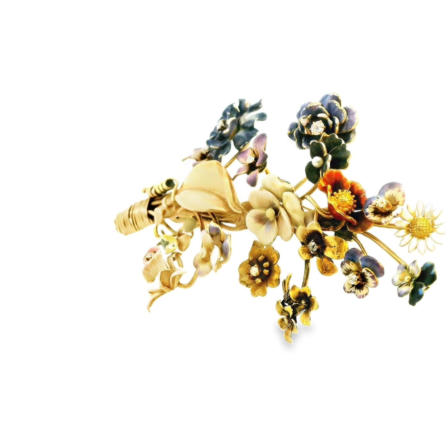 14k Yellow Gold Enamel Bouquet Brooch 30.54g.