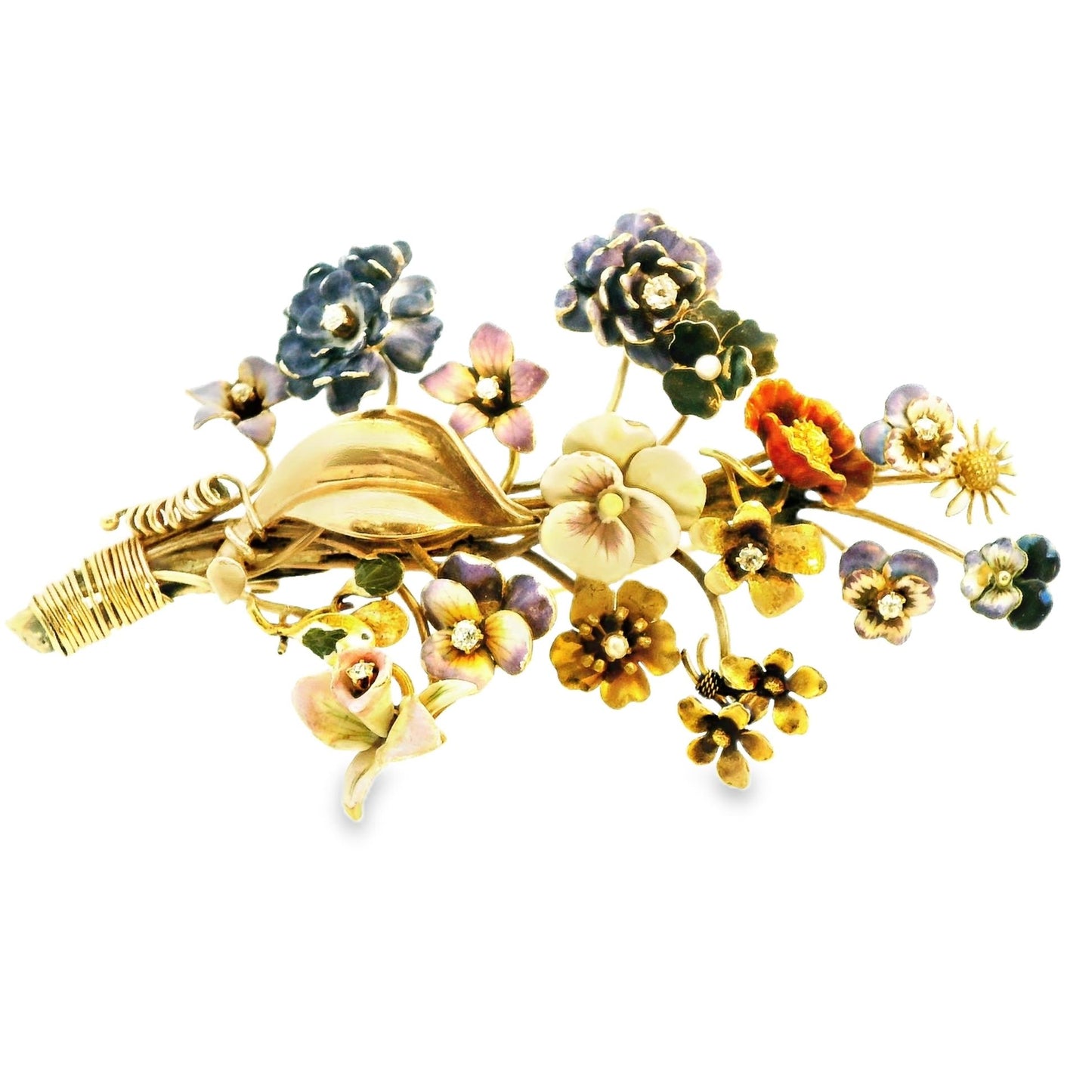 14k Yellow Gold Enamel Bouquet Brooch 30.54g.