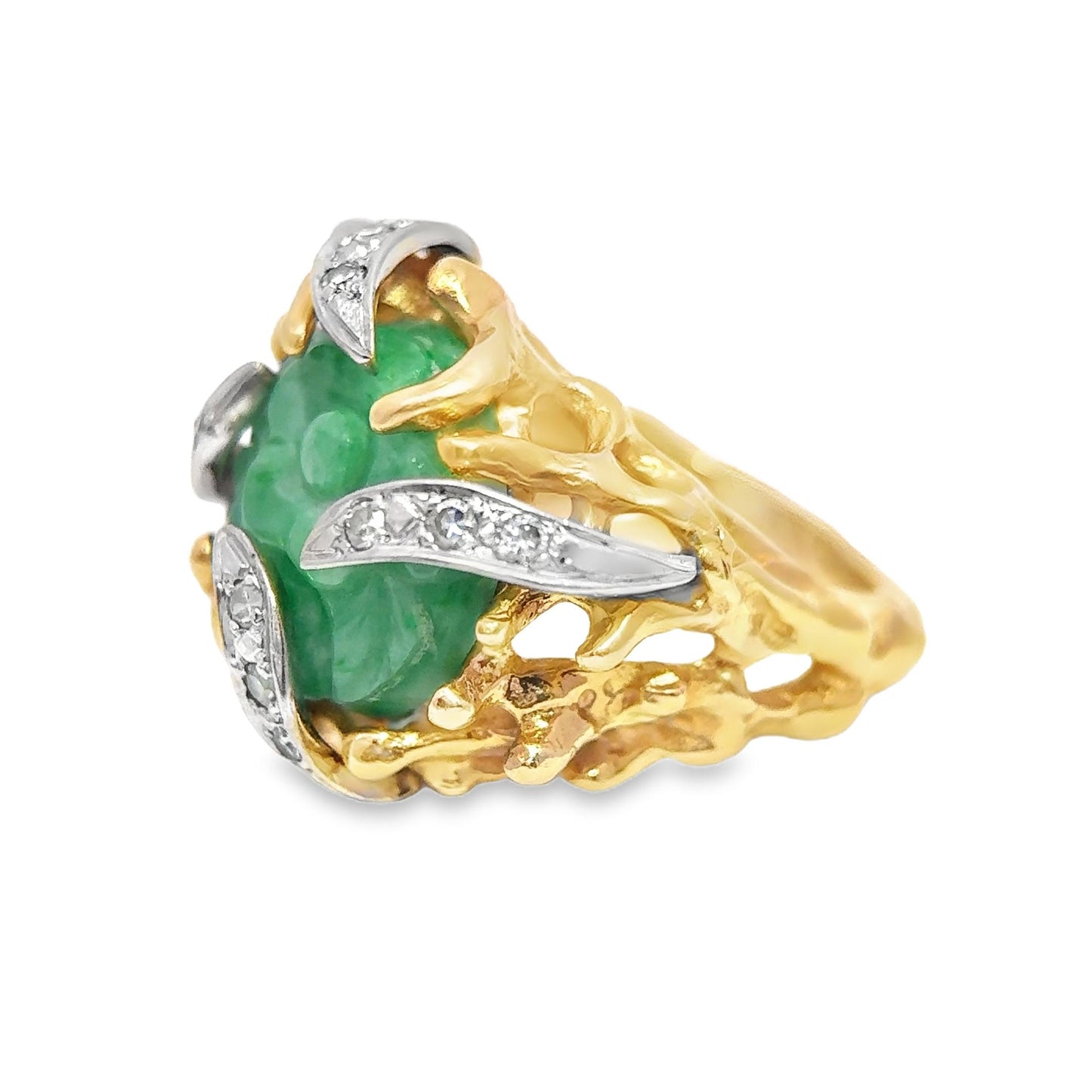 14k Yellow Gold Carved Jage & White Diamond Ring in 14k Yellow Gold 5.25US