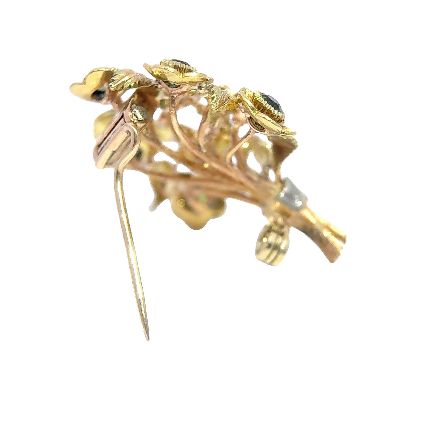 14K Yellow Gold Flower Bouqet Gemstone Brooch 10.97g