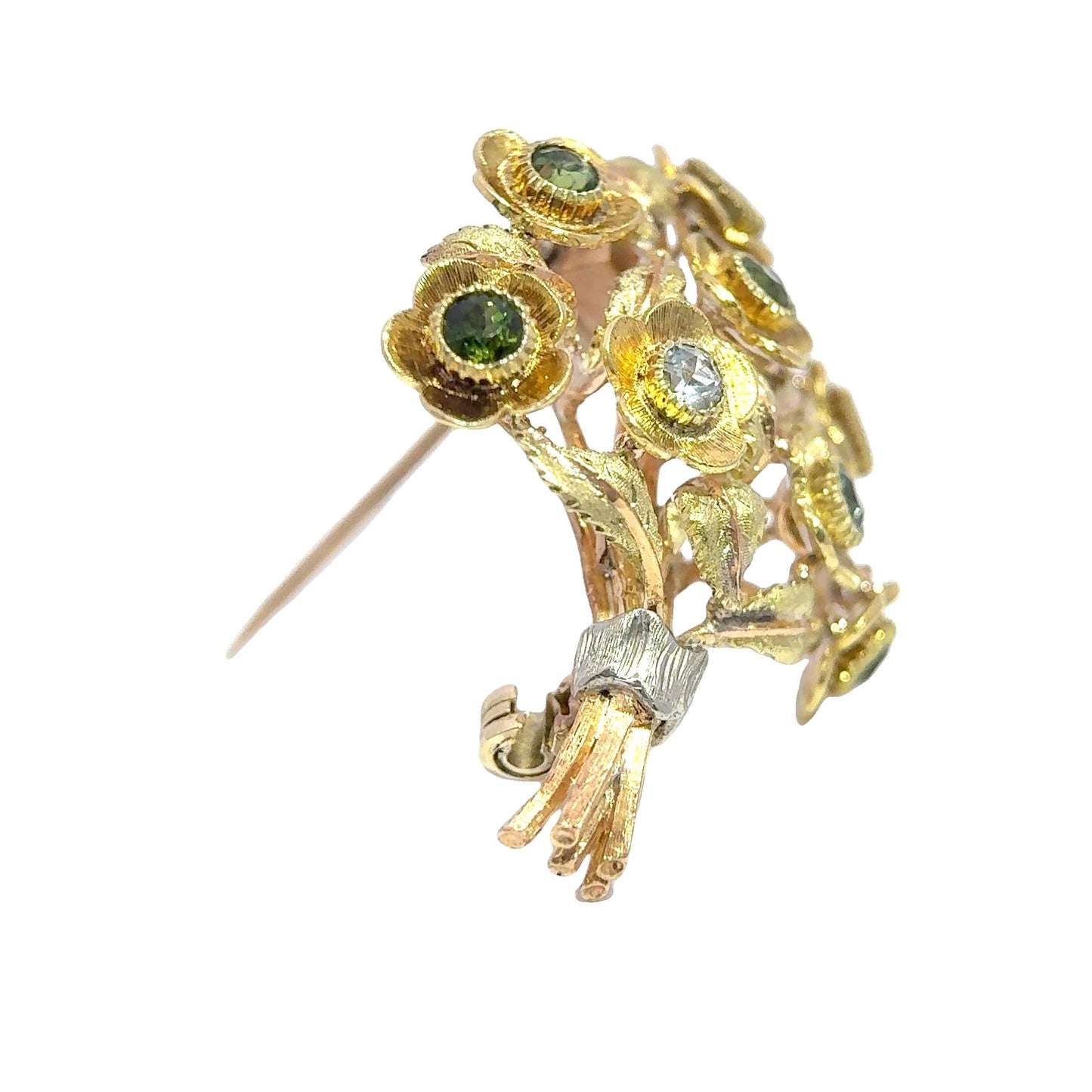 14K Yellow Gold Flower Bouqet Gemstone Brooch 10.97g
