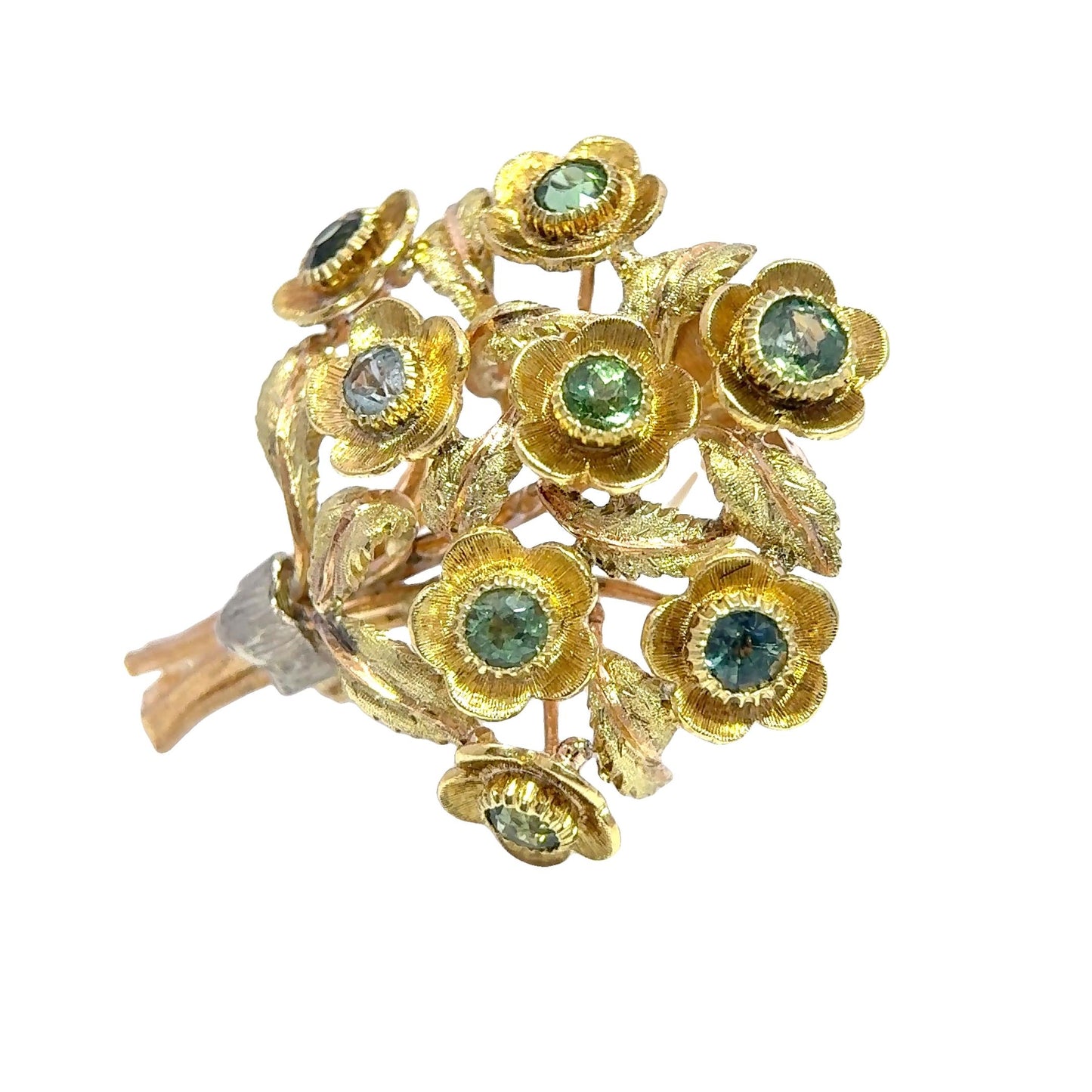 14K Yellow Gold Flower Bouqet Gemstone Brooch 10.97g