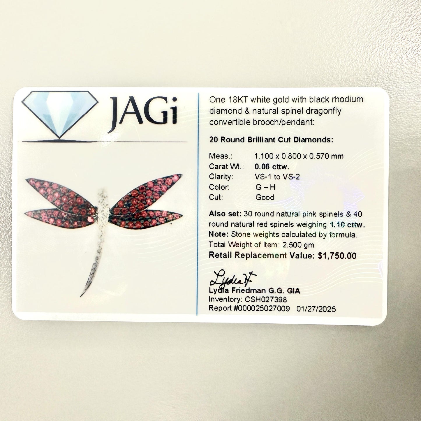 1.10 cttw Pink Spinels & 1.2cttw. White Diamond Dragonfly in 18k White Gold 4.5g