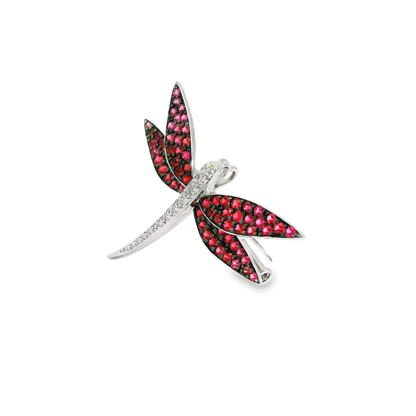 1.10 cttw Pink Spinels & 1.2cttw. White Diamond Dragonfly in 18k White Gold 4.5g