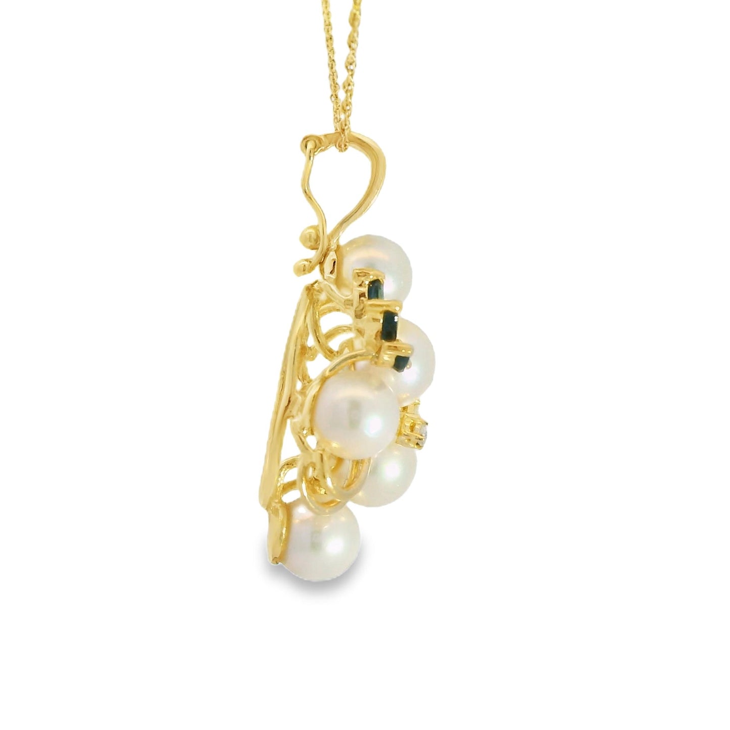 14k Yellow Gold Pearl, Diamond & Sapphire Necklace 5.45g.