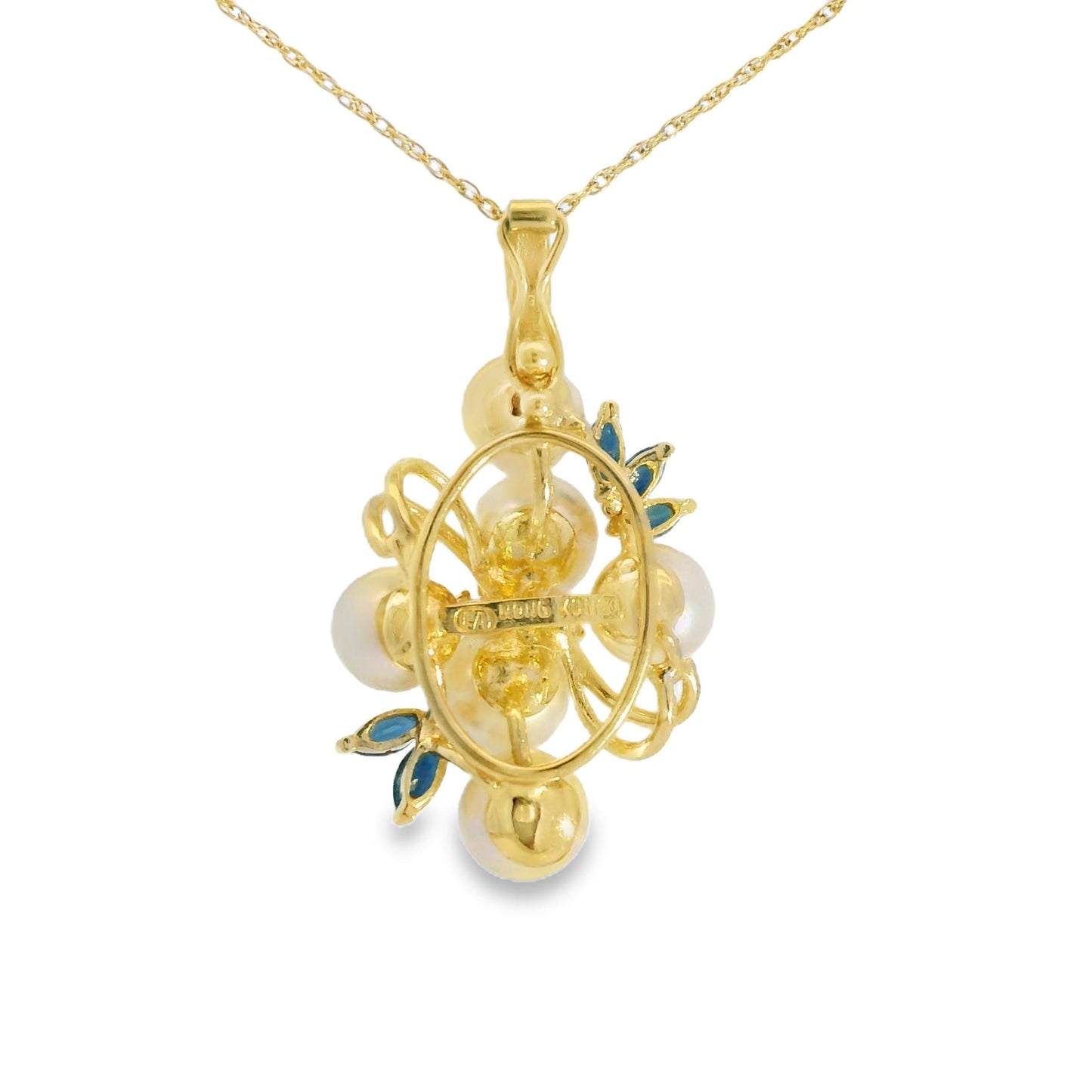 14k Yellow Gold Pearl, Diamond & Sapphire Necklace 5.45g.