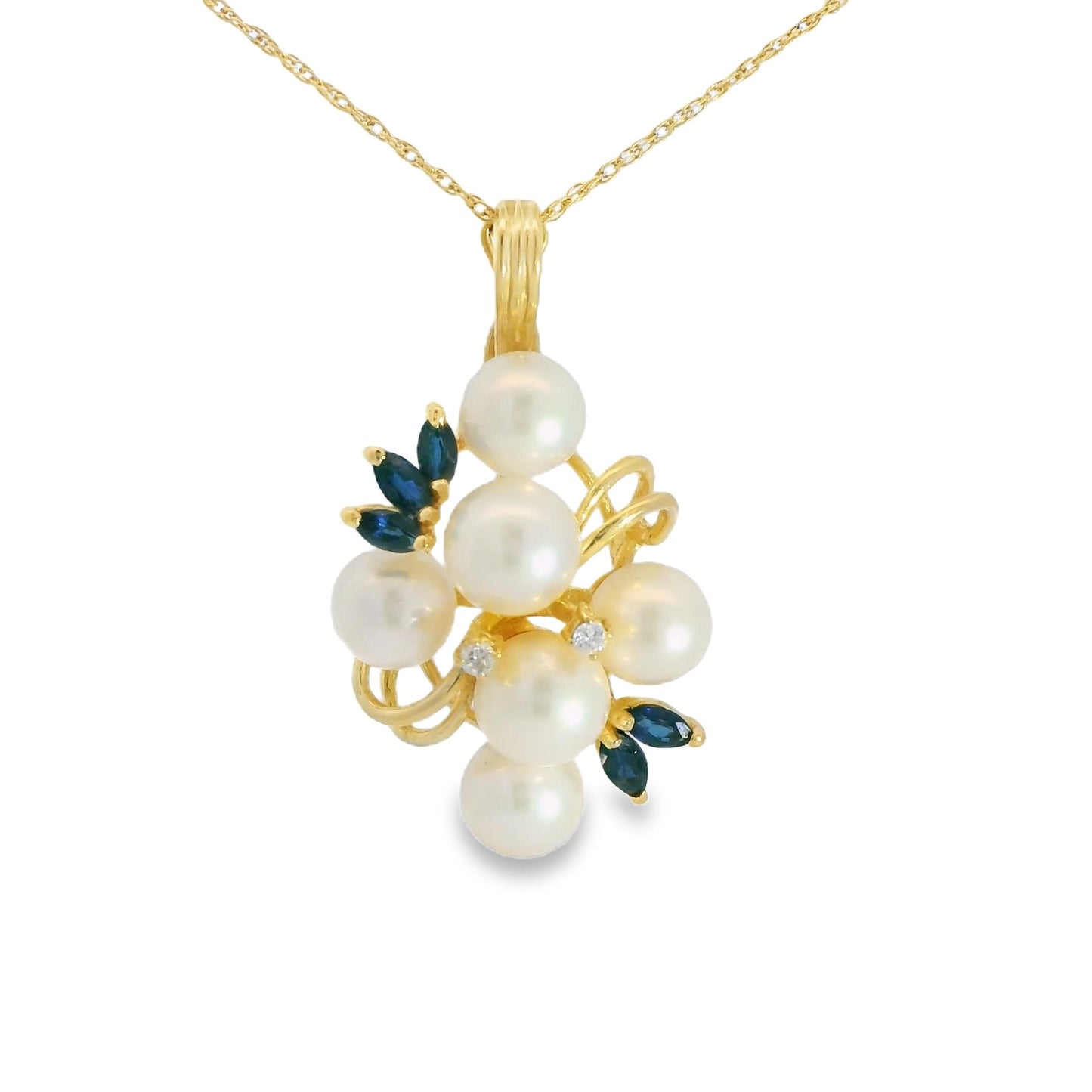 14k Yellow Gold Pearl, Diamond & Sapphire Necklace 5.45g.