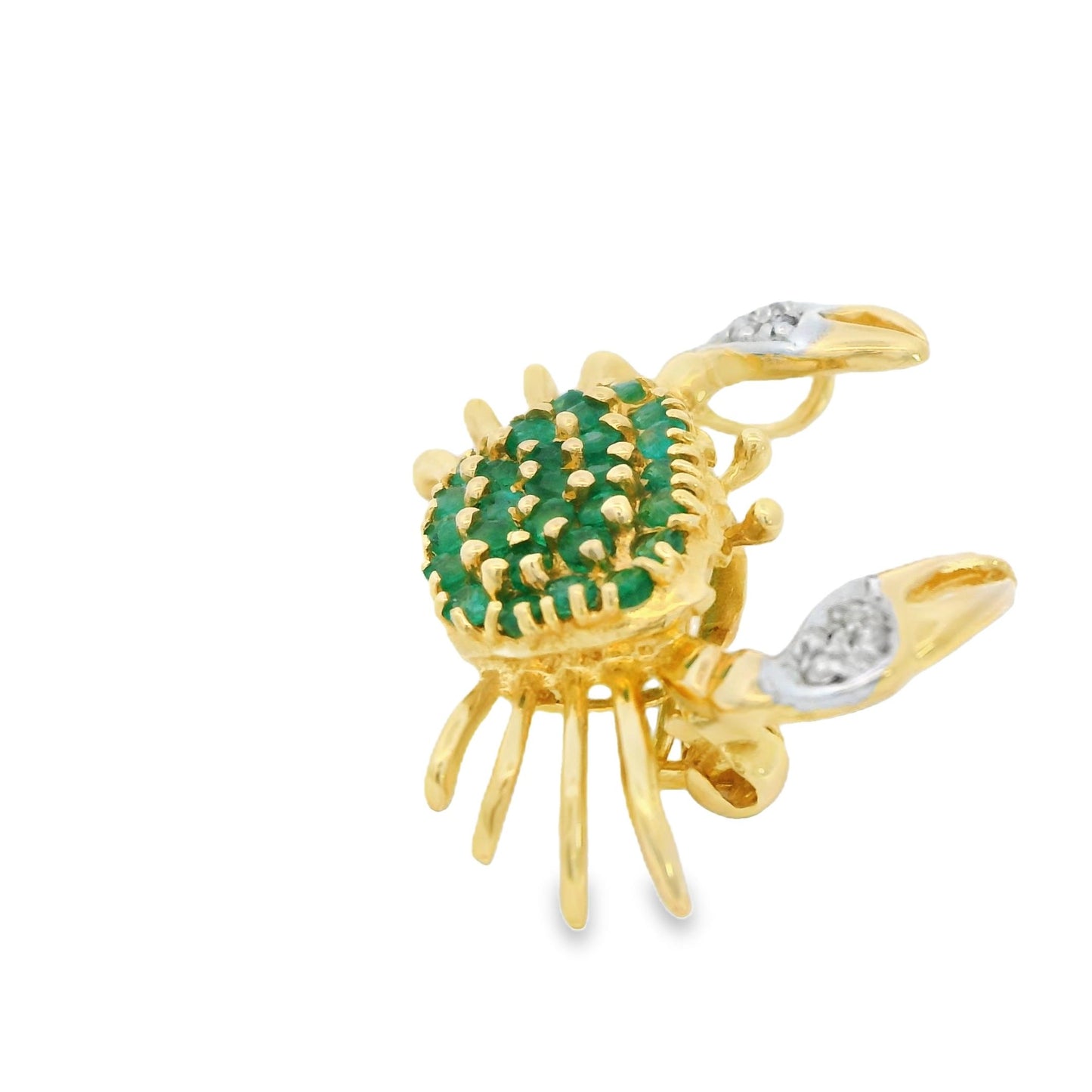 0.90cttw. Emerald & 0.10cttw. White Diamond Crab Brooch in 14k Yellow Gold 3.57g