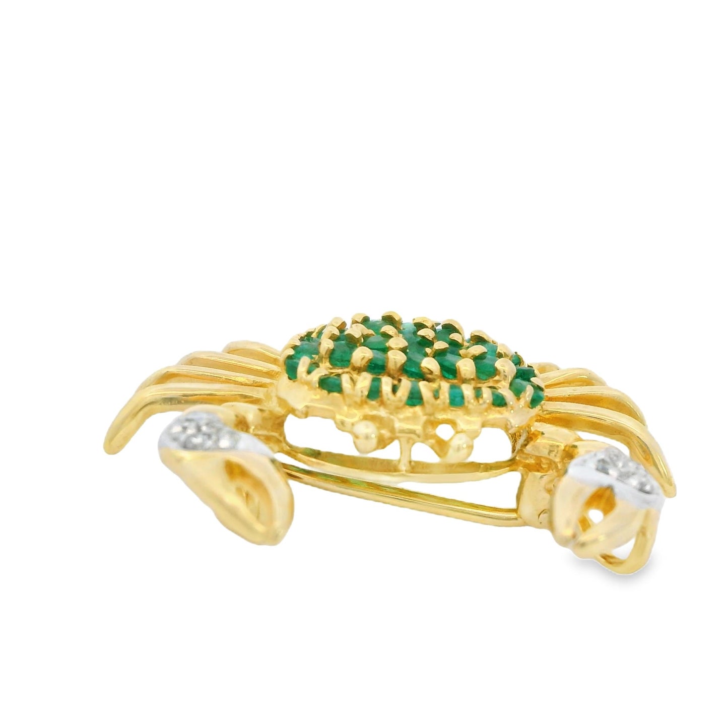 0.90cttw. Emerald & 0.10cttw. White Diamond Crab Brooch in 14k Yellow Gold 3.57g