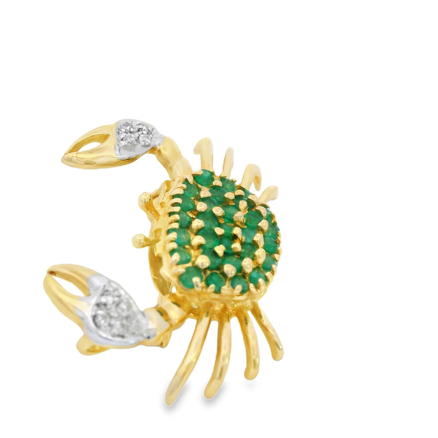 0.90cttw. Emerald & 0.10cttw. White Diamond Crab Brooch in 14k Yellow Gold 3.57g
