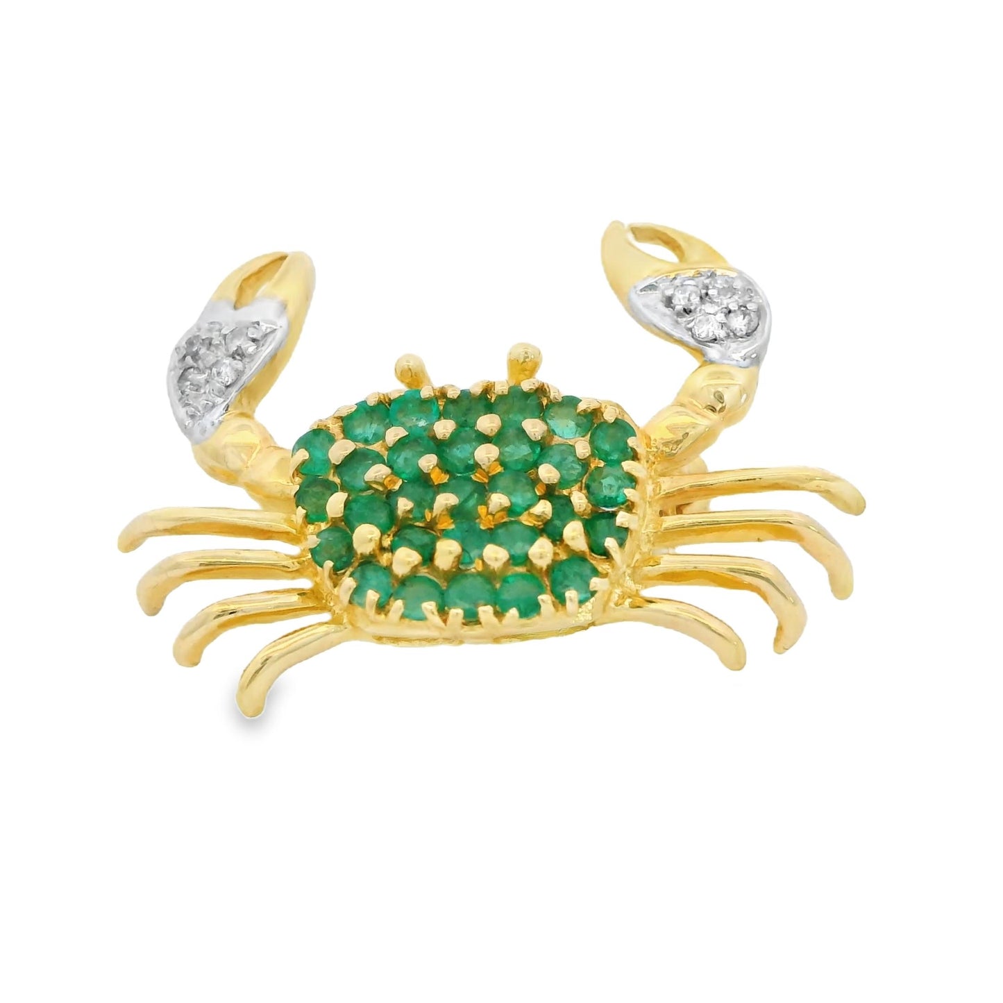 0.90cttw. Emerald & 0.10cttw. White Diamond Crab Brooch in 14k Yellow Gold 3.57g