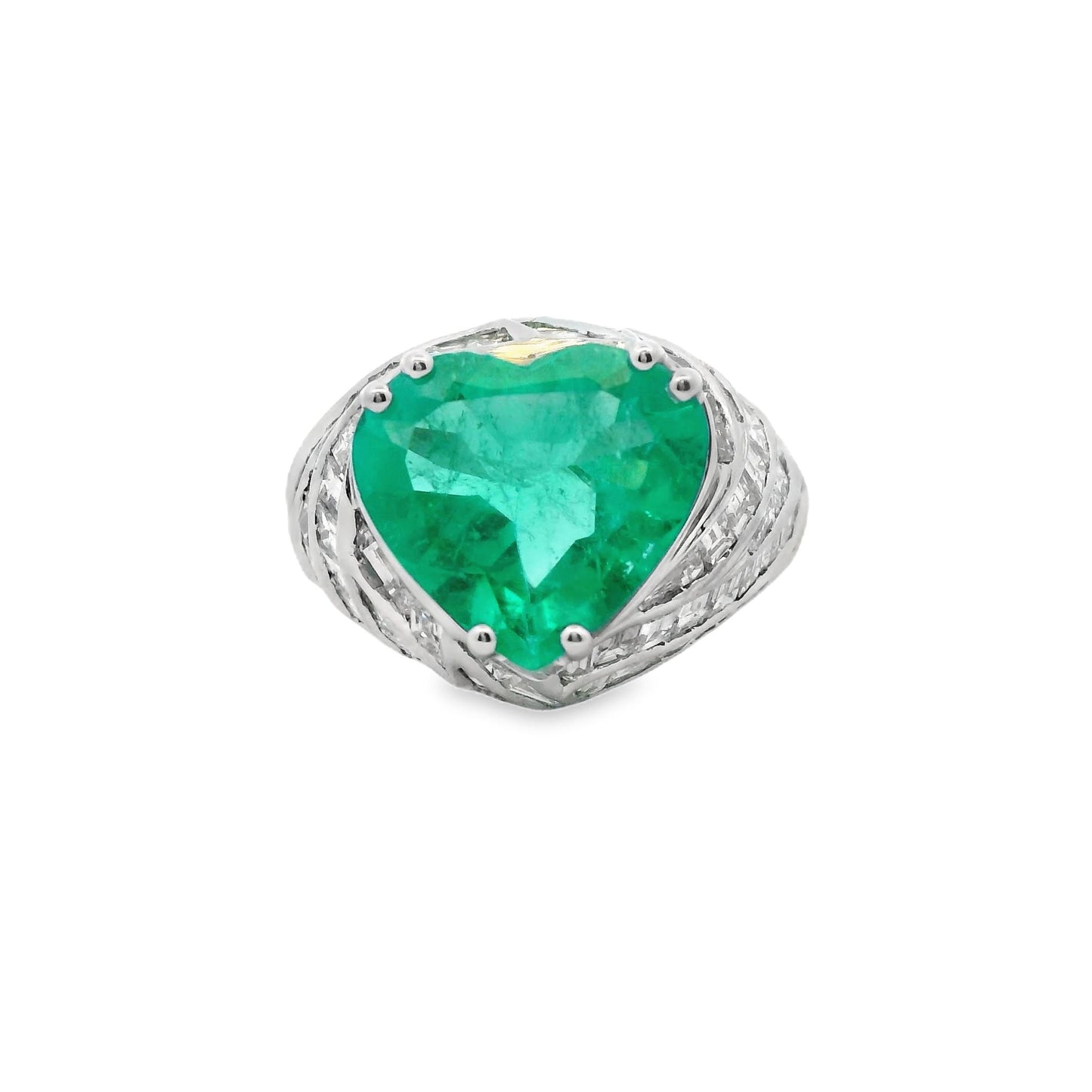 3.55 ct. Green Emerald Heart Shape & White Diamond Ring in 18k White Gold