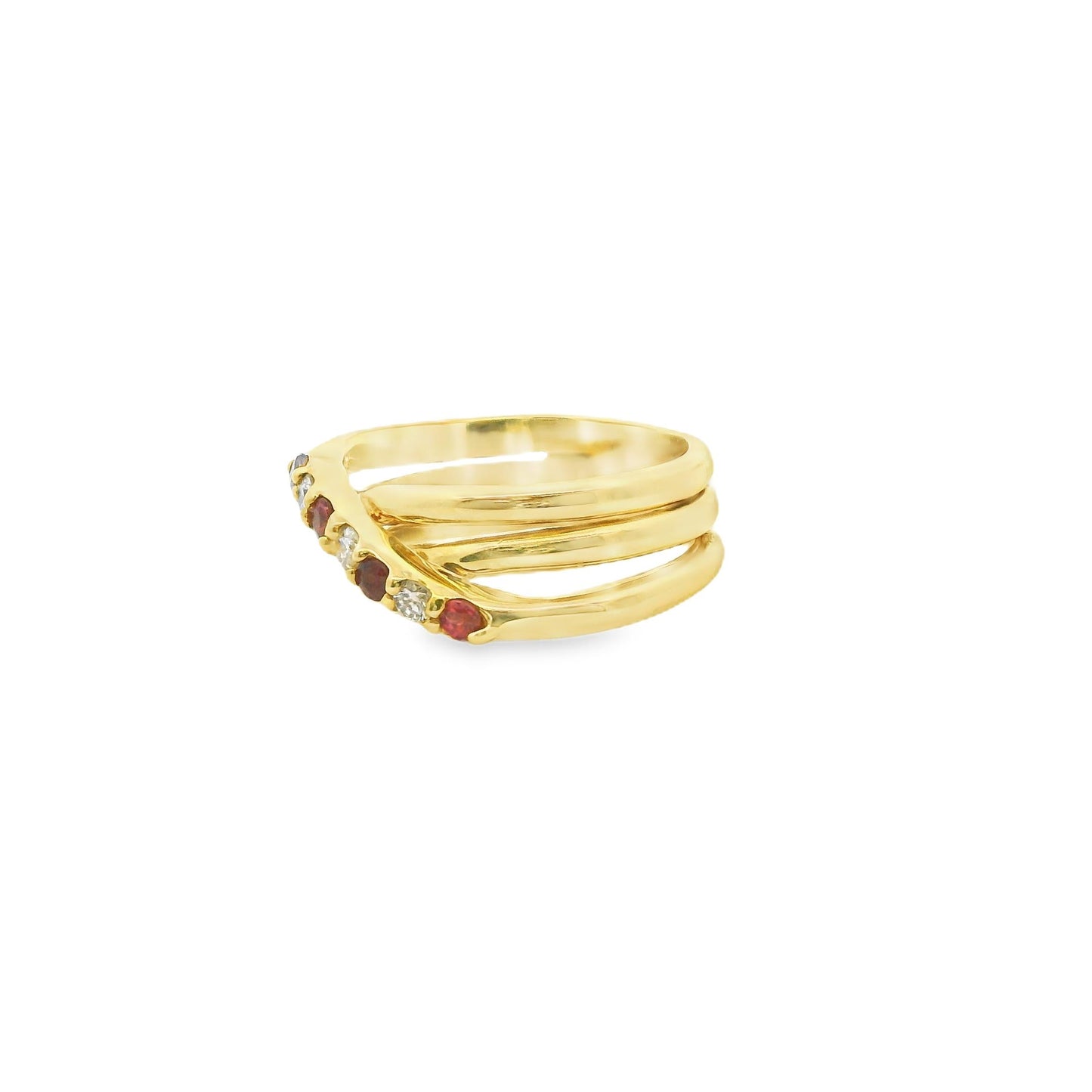 White Diamond & Ruby Overlap Ring in 18k Yellow Gold 8.25US 9.85g.