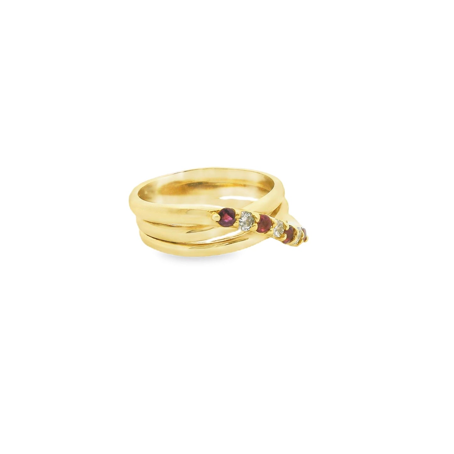 White Diamond & Ruby Overlap Ring in 18k Yellow Gold 8.25US 9.85g.
