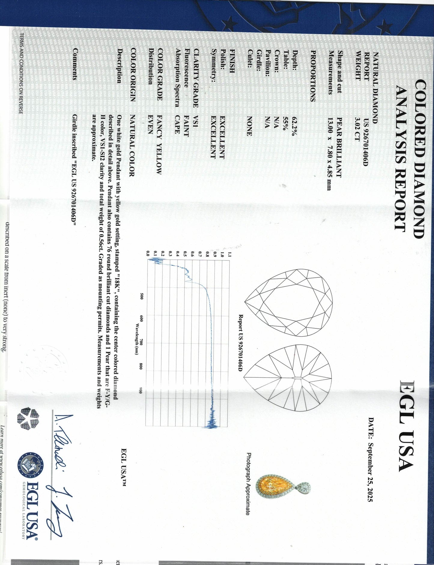 3.02 Fancy Yellow Diamond & 0.56 cttw. White Diamond Pendant Necklace in 18k WG