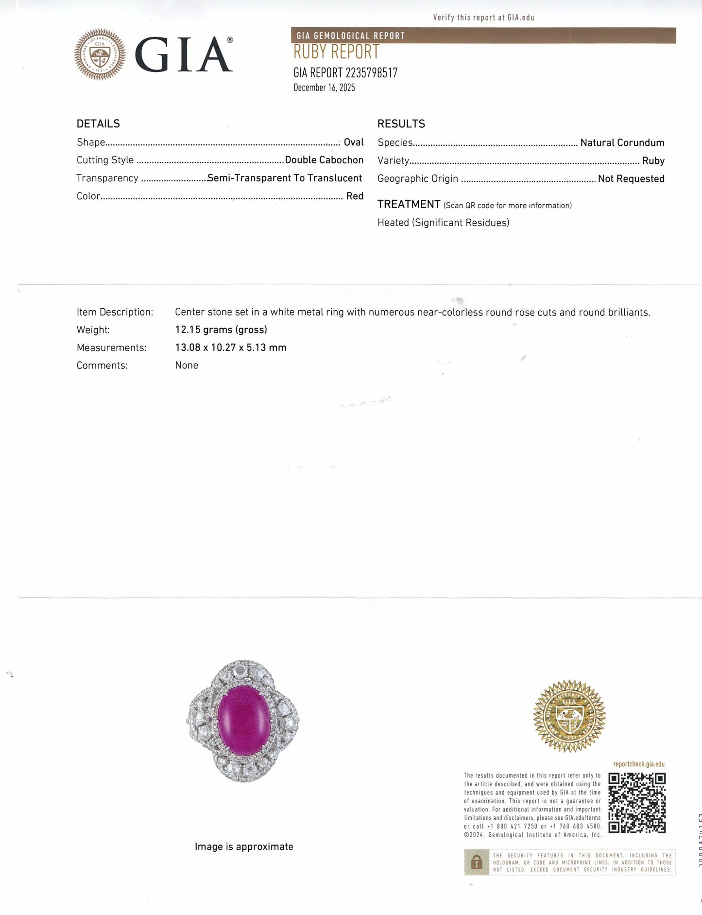 GIA 8.60ct. Natural Ruby & White Diamond Ring in 18k White Gold 5.5US 12.12g