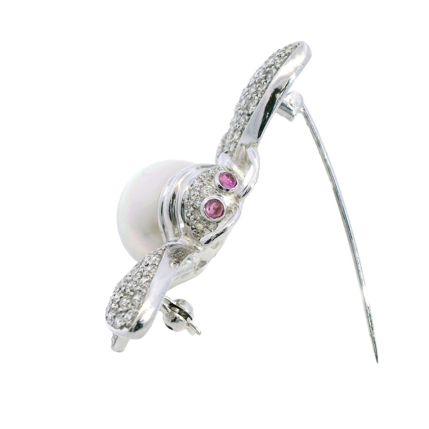 18k White Gold Bee Brooch with White Diamonds & Pearl 16.75g.