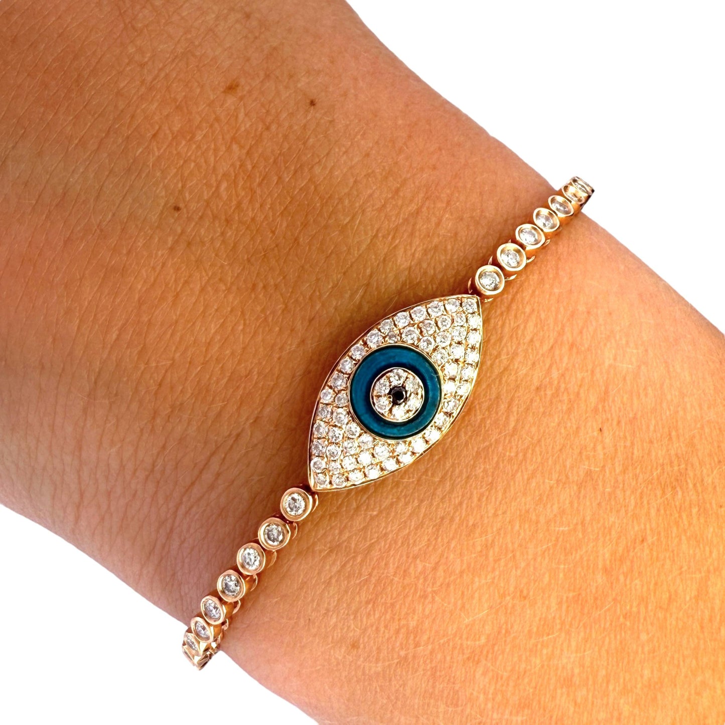 1.50cttw. White Diamond Bezel Set Evil Eye Bracelet in 14k Rose Gold 10.27g. 7"