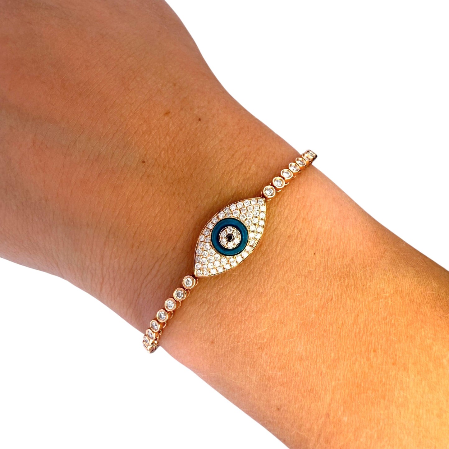 1.50cttw. White Diamond Bezel Set Evil Eye Bracelet in 14k Rose Gold 10.27g. 7"