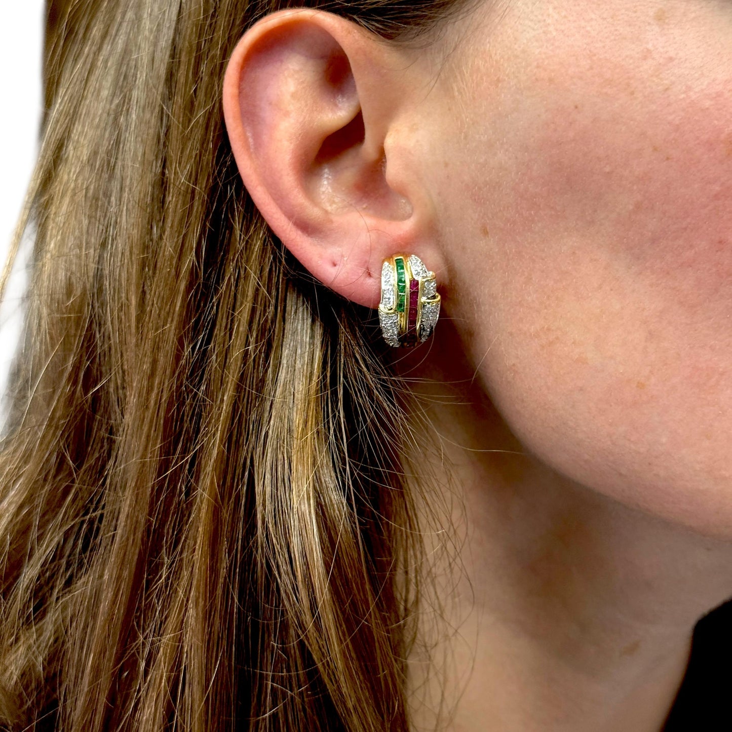 1.84cttw Emerald & Ruby with 0.70cttw. White Diamond Earrigs in 14k Yellow Gold