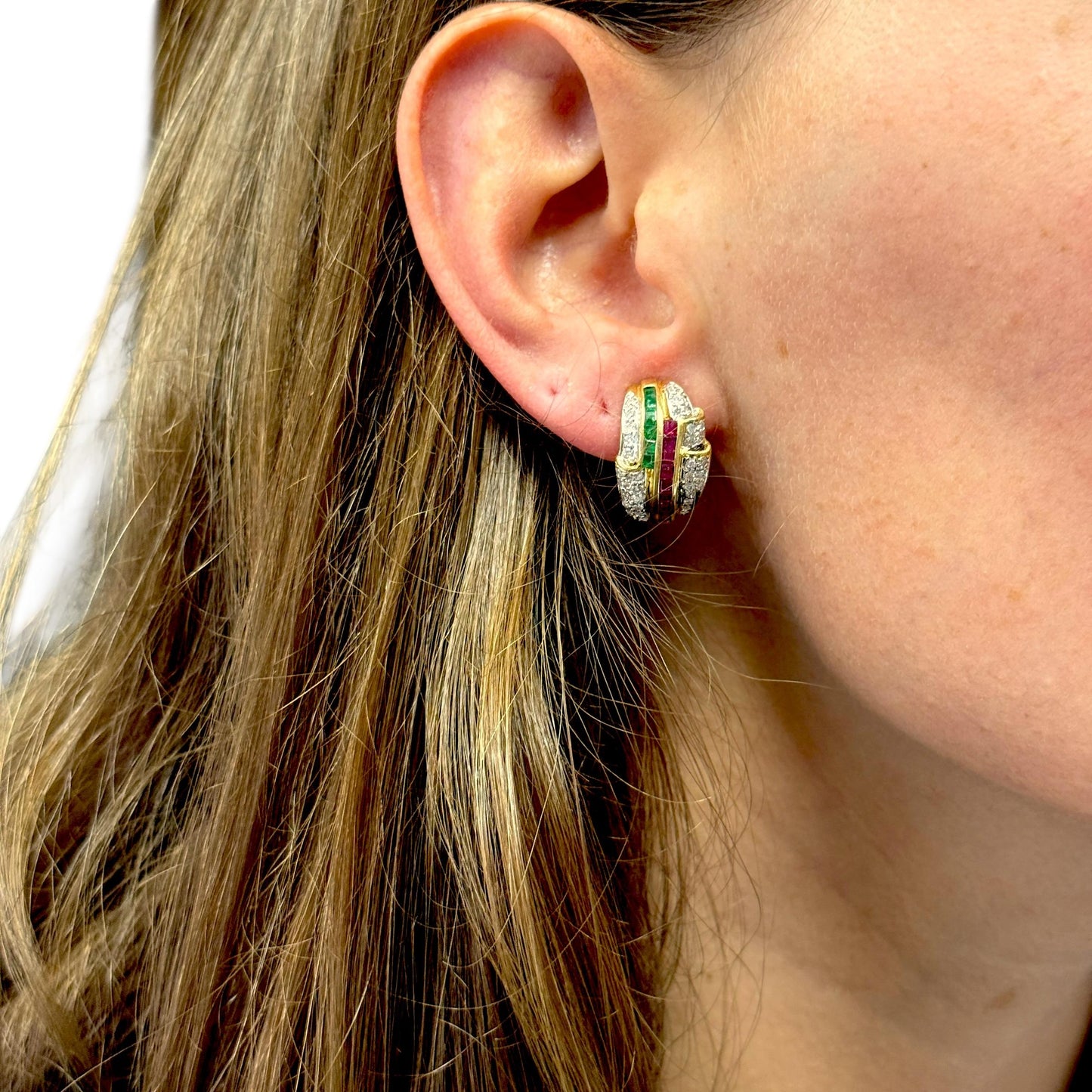 1.84cttw Emerald & Ruby with 0.70cttw. White Diamond Earrigs in 14k Yellow Gold