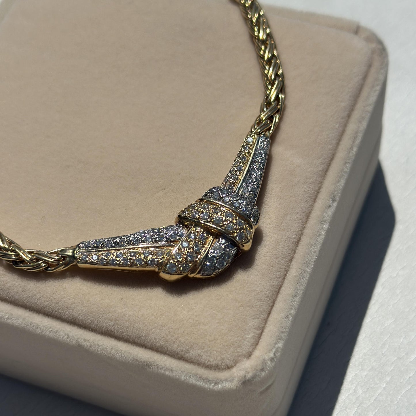 1.75cttw. White Diamond 2 Row Ribbon Necklace in 18k Two Toned Gold 35.07g.