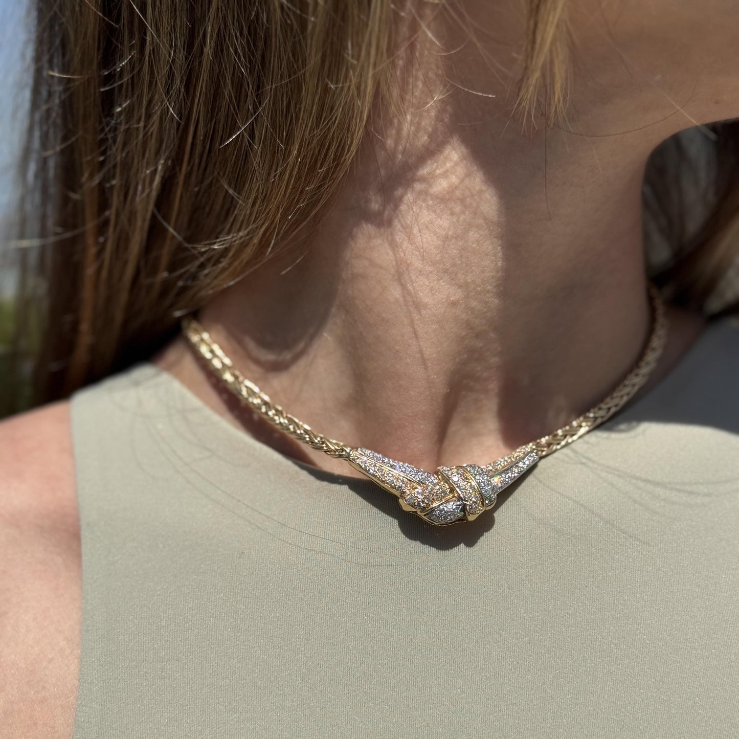 1.75cttw. White Diamond 2 Row Ribbon Necklace in 18k Two Toned Gold 35.07g.