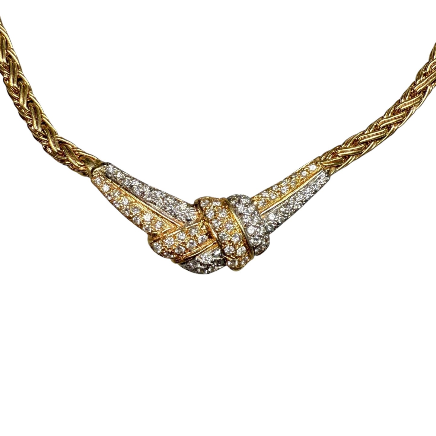 1.75cttw. White Diamond 2 Row Ribbon Necklace in 18k Two Toned Gold 35.07g.