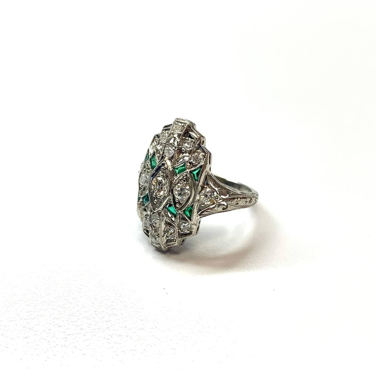 0.47 Cttw. White Diamond & Green Emerald Vintage Platinum Ring