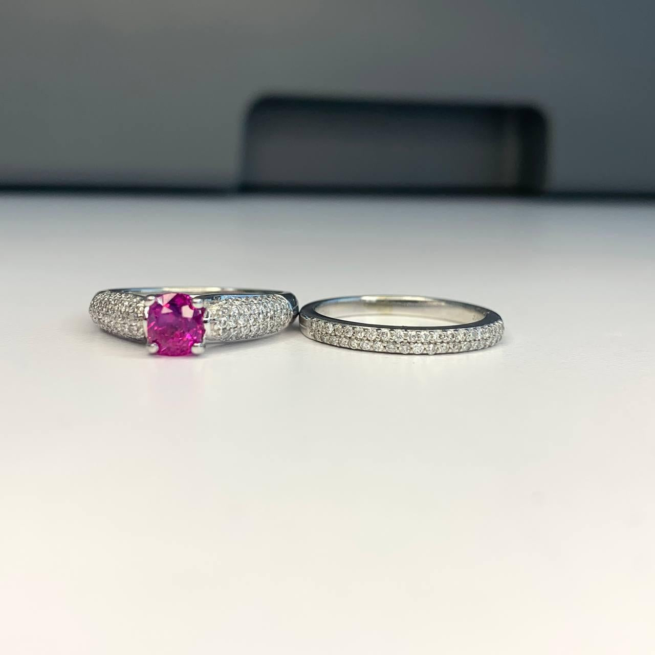 1.18 ct. GIA Purpulish Pink Sapphire Engagement Ring & Micro Pave Band 14K WG