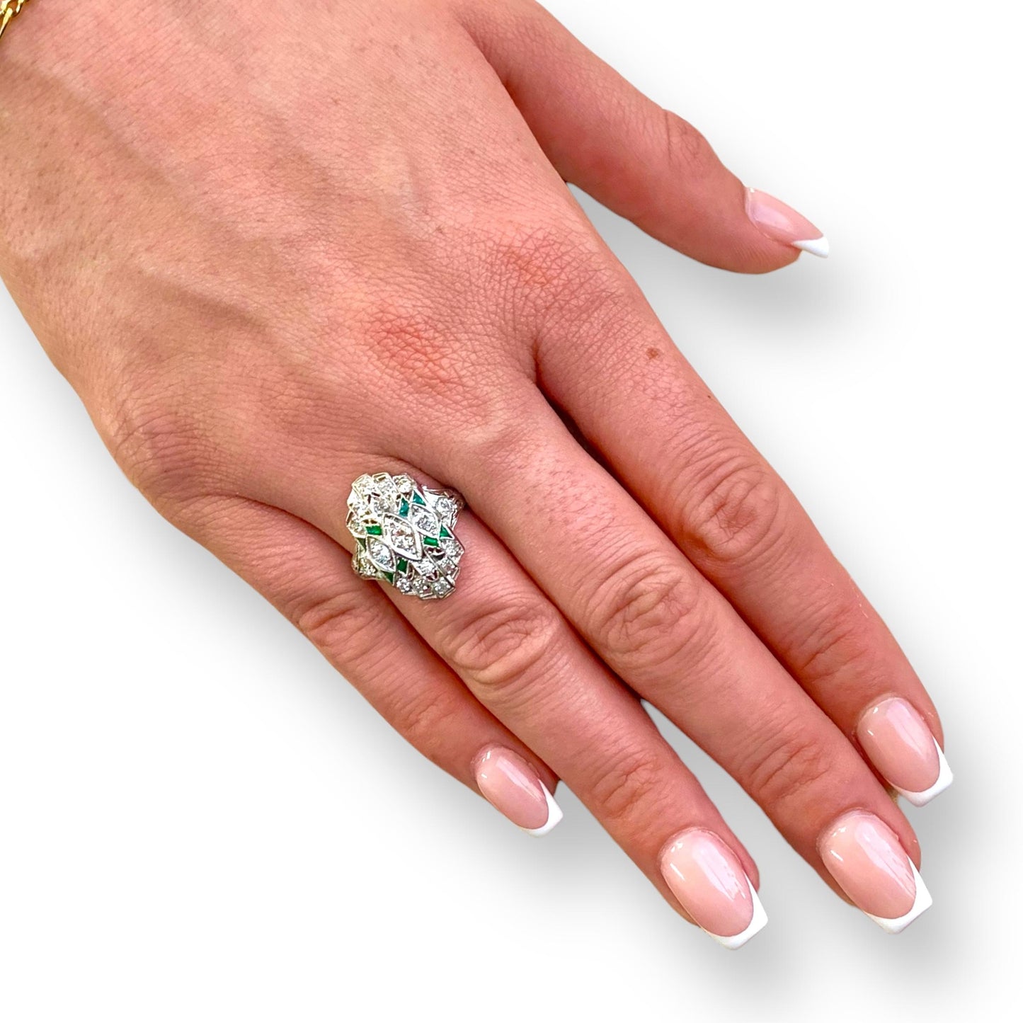 0.47 Cttw. White Diamond & Green Emerald Vintage Platinum Ring
