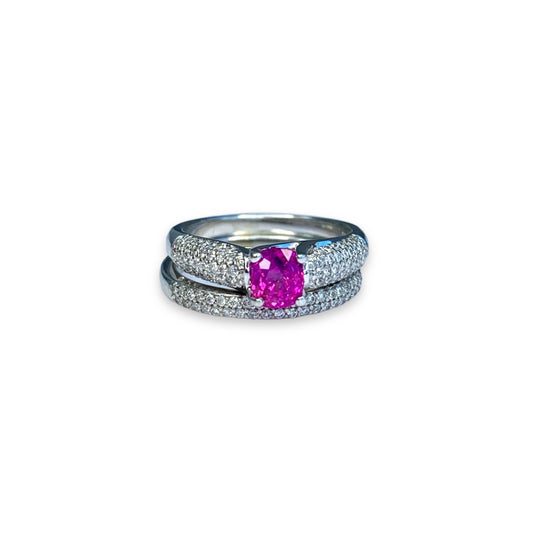 1.18 ct. GIA Purpulish Pink Sapphire Engagement Ring & Micro Pave Band 14K WG