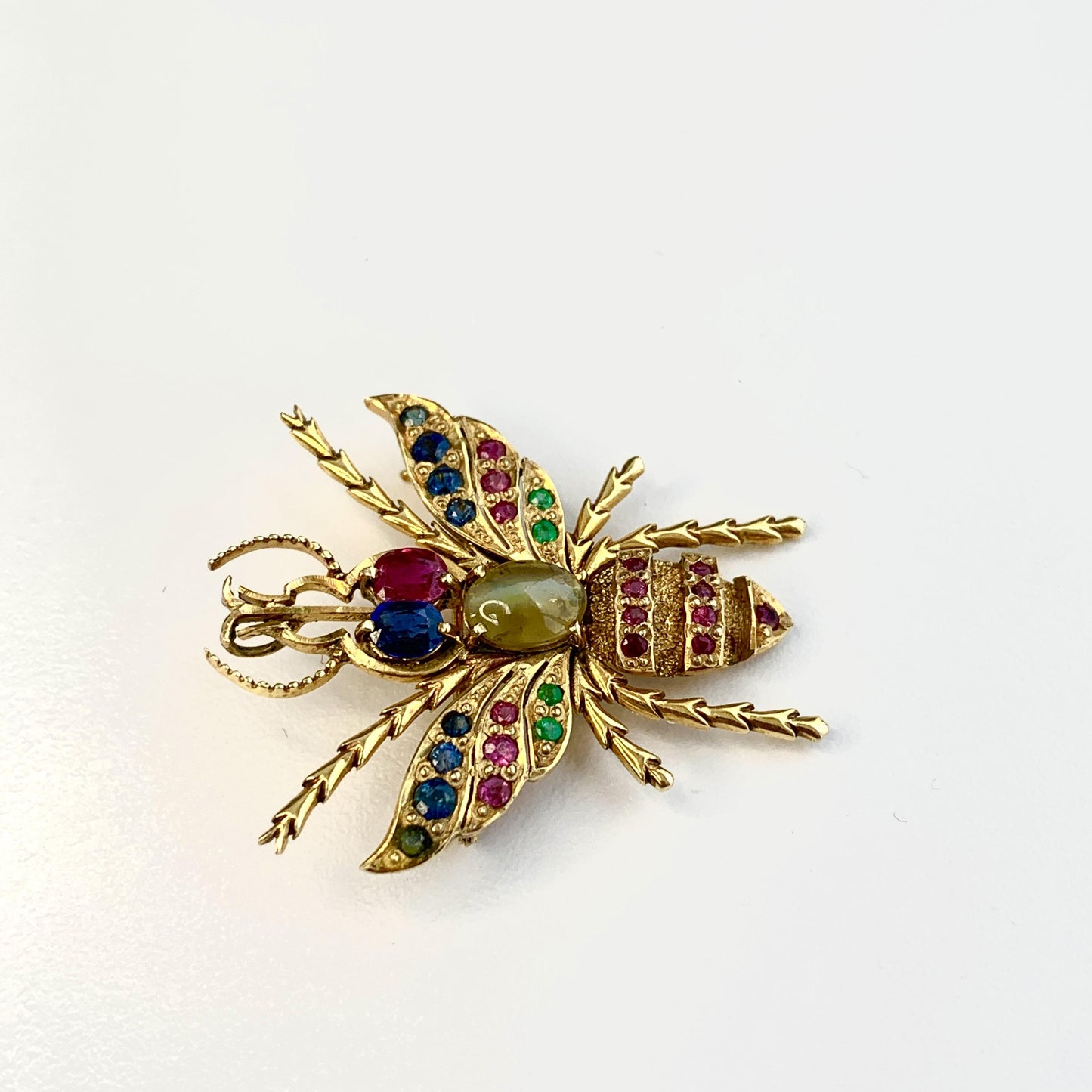 14k Yellow Gold Bee Brooch With Precious Gems 5.99g