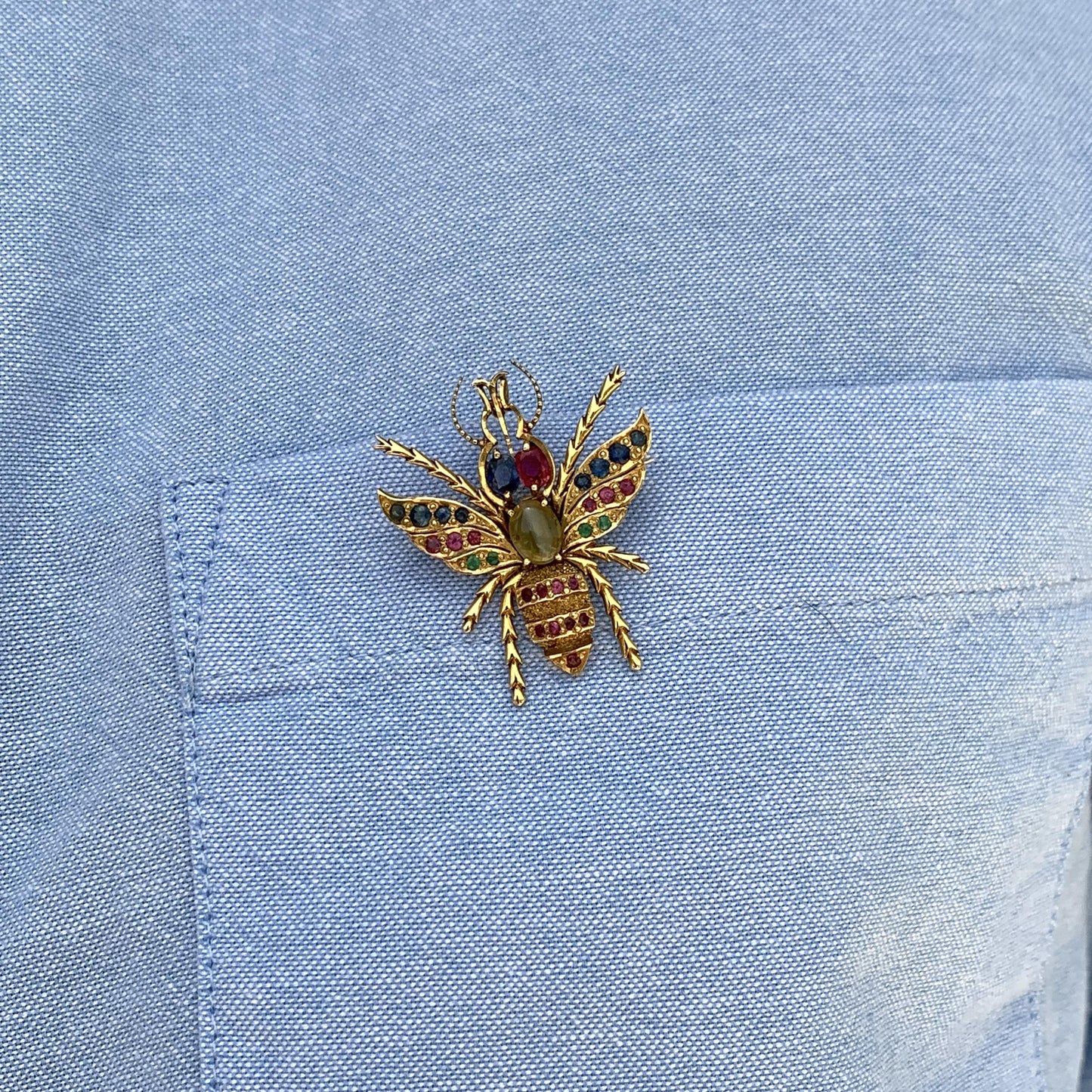 14k Yellow Gold Bee Brooch With Precious Gems 5.99g