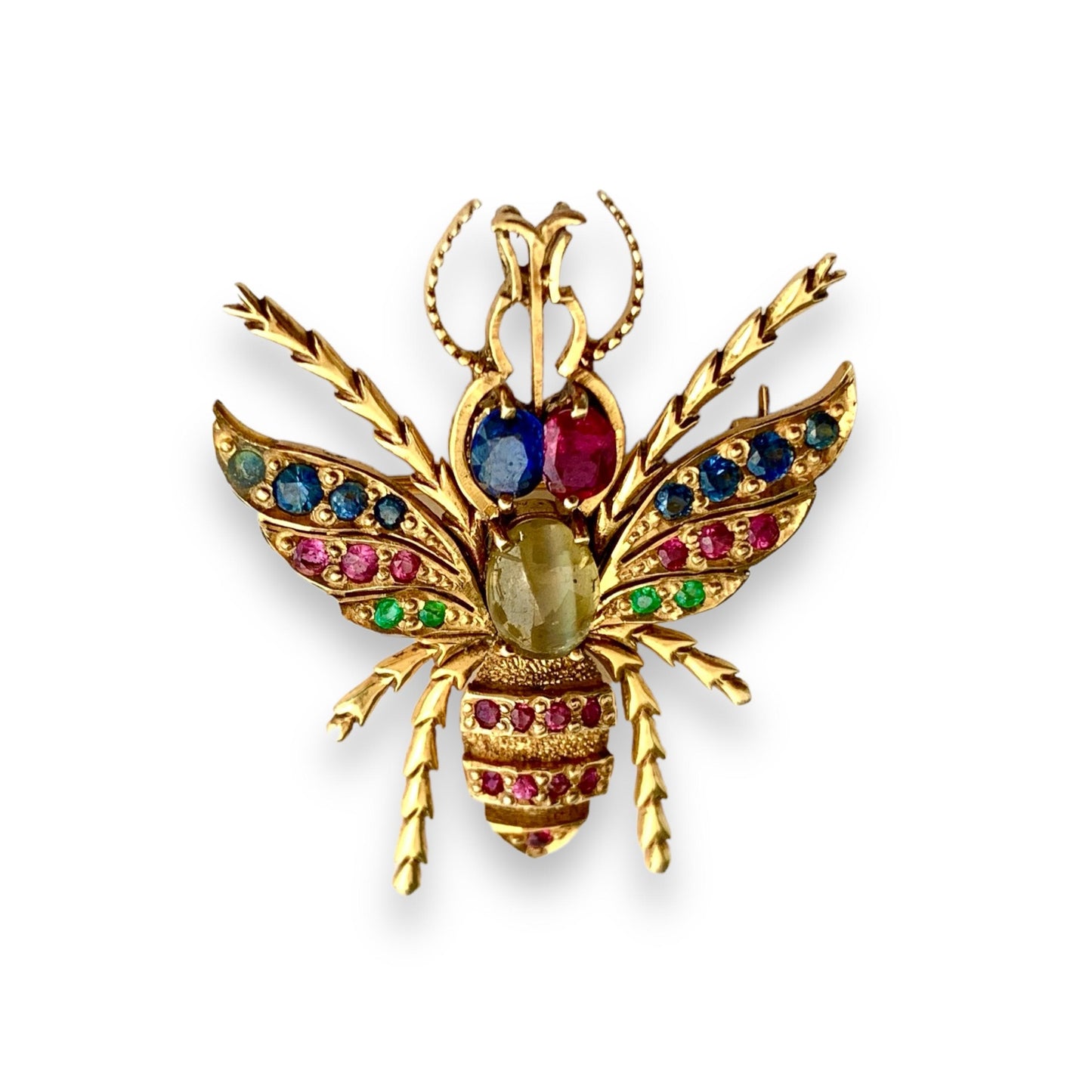 14k Yellow Gold Bee Brooch With Precious Gems 5.99g