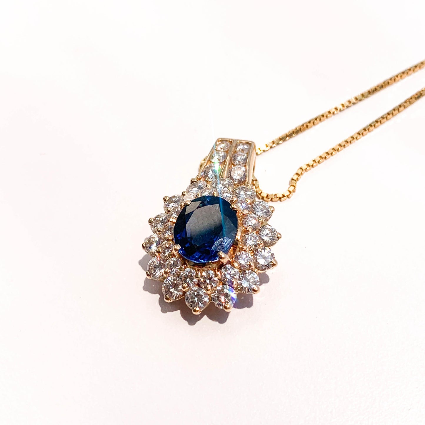 3.27 ct. Blue Sapphire & 2.4 cttw. White Diamond Pendant in 14k Yellow Gold