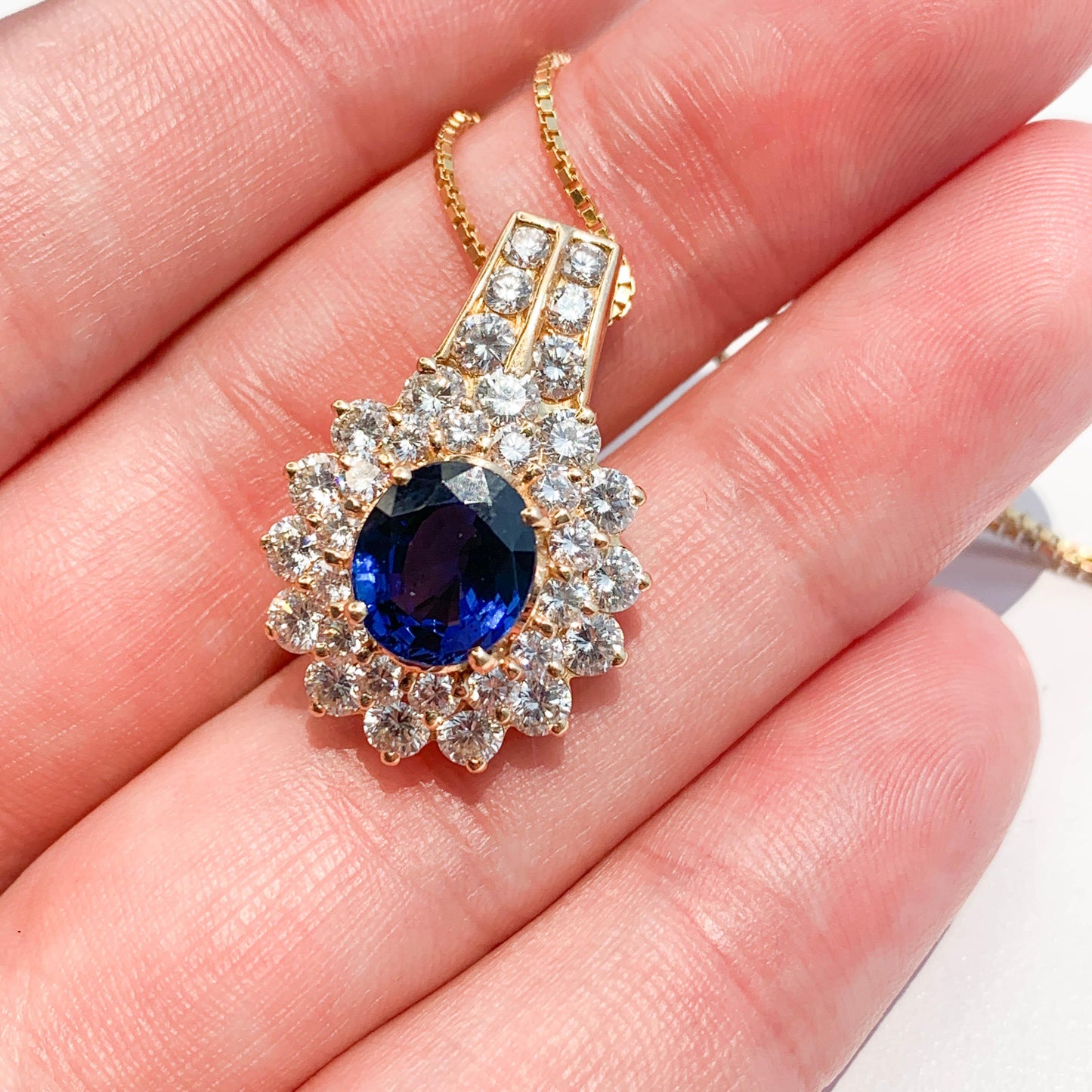 3.27 ct. Blue Sapphire & 2.4 cttw. White Diamond Pendant in 14k Yellow Gold