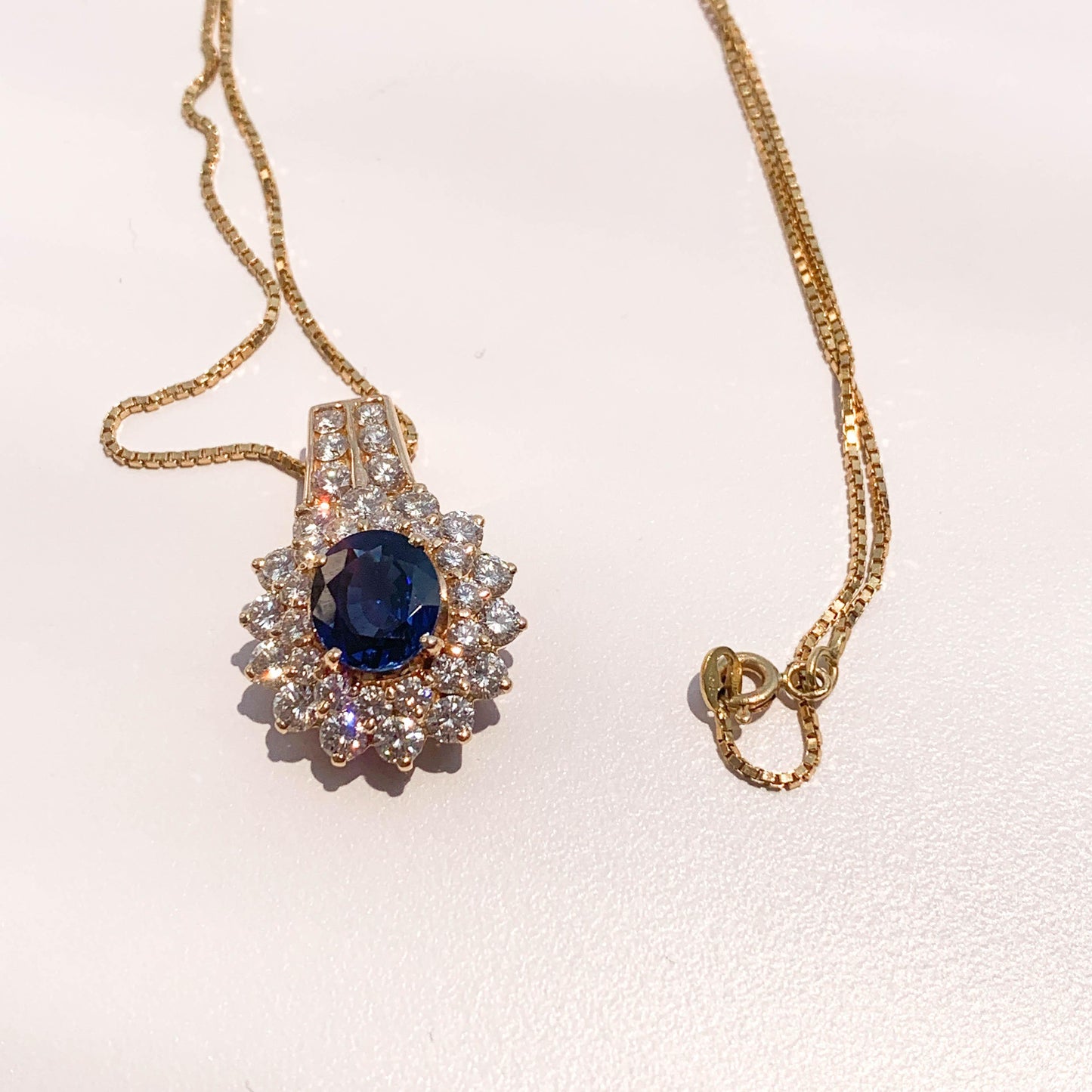3.27 ct. Blue Sapphire & 2.4 cttw. White Diamond Pendant in 14k Yellow Gold