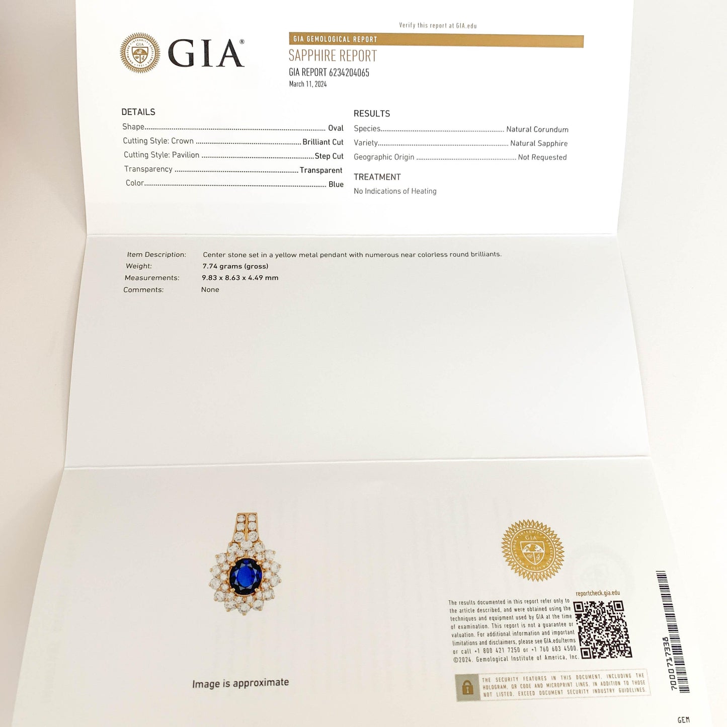 3.27 ct. Blue Sapphire & 2.4 cttw. White Diamond Pendant in 14k Yellow Gold