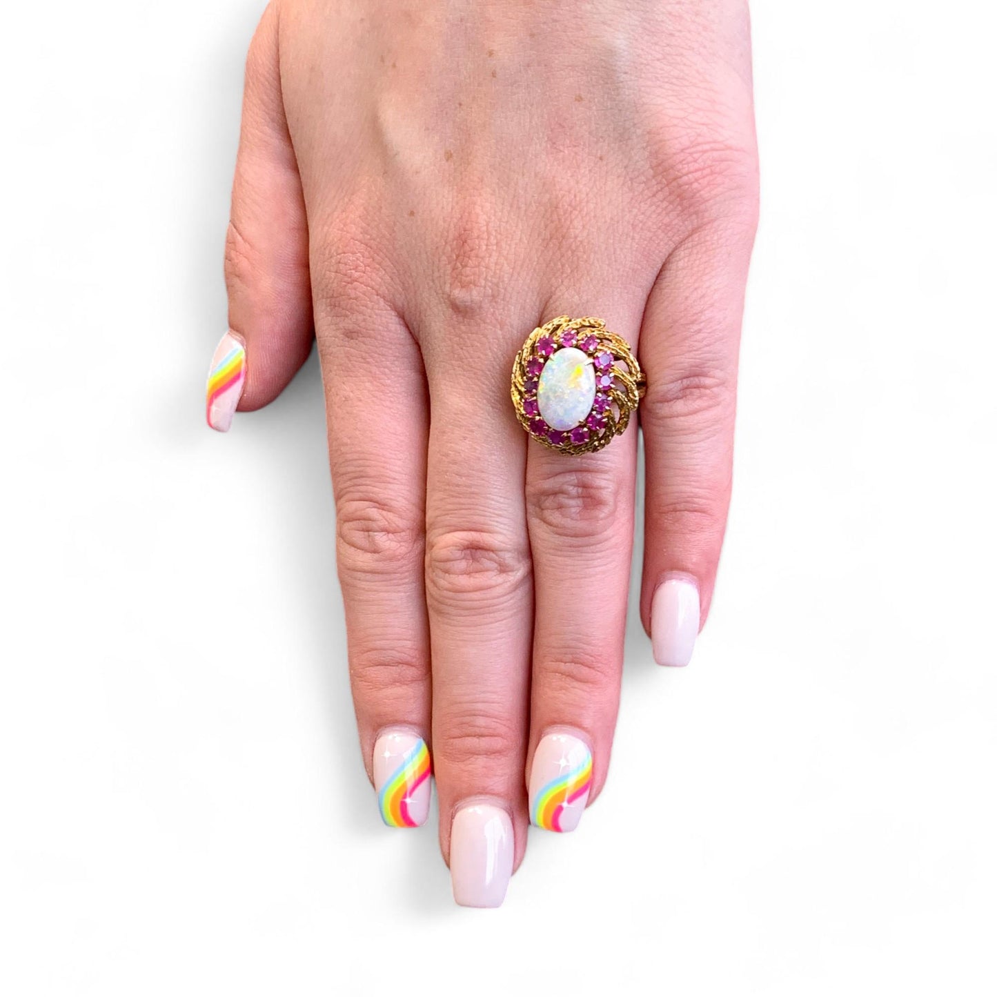 Opal & Ruby Cocktail Ring in 14k Yellow Gold 5US