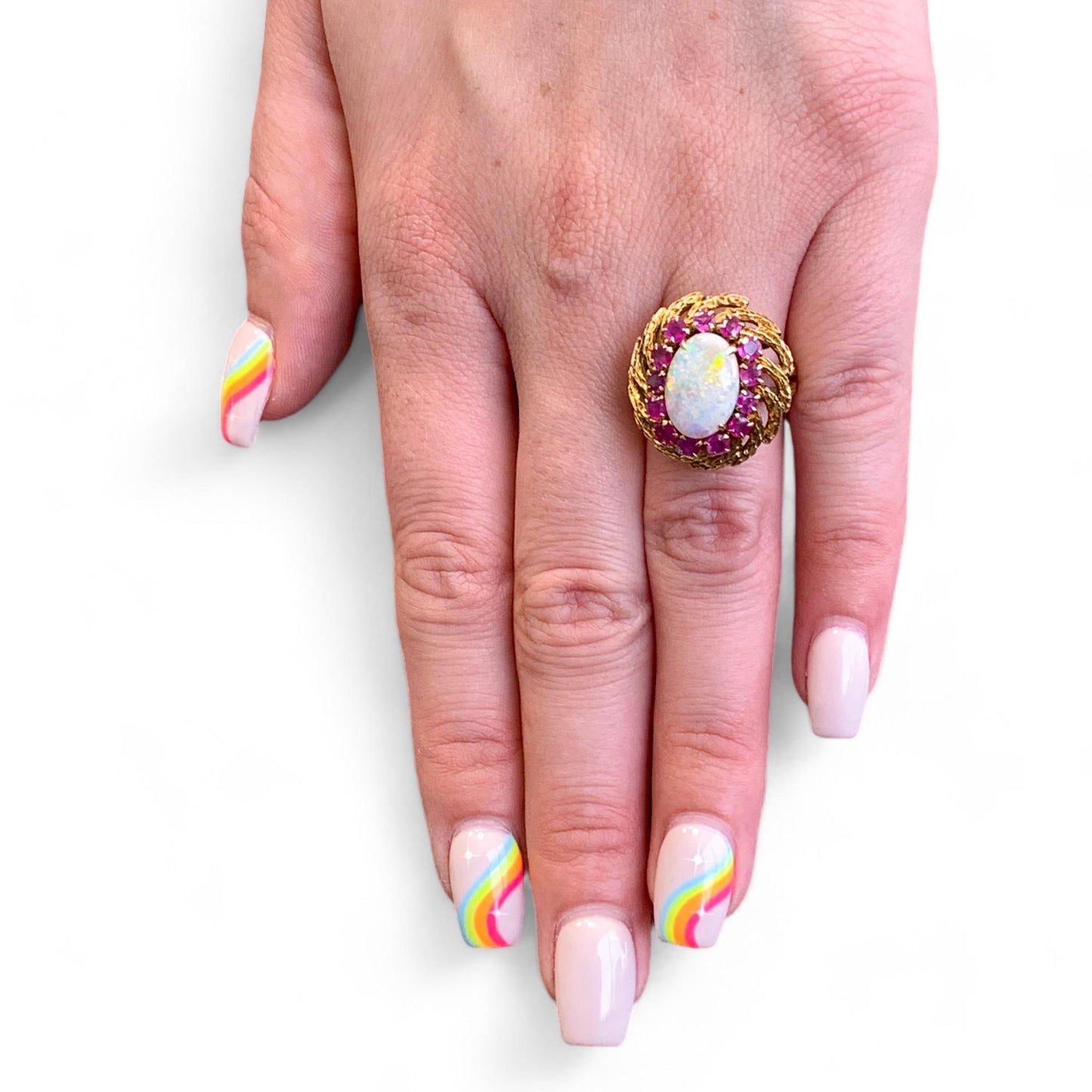 Opal & Ruby Cocktail Ring in 14k Yellow Gold 5US